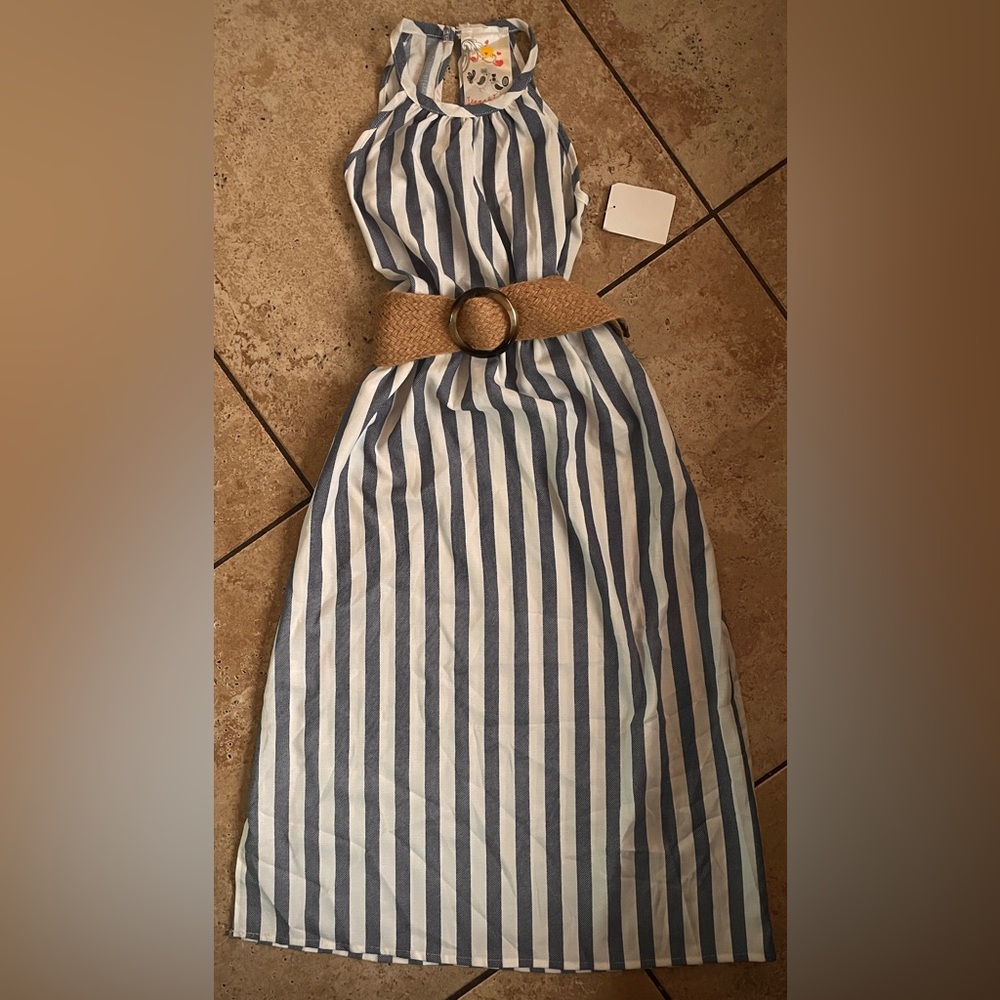 Blue and White Striped Sundress with Woven Belt